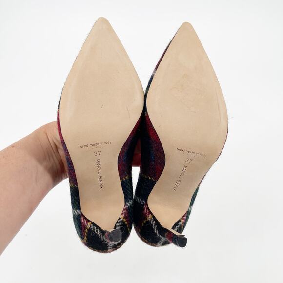 Manolo Blahnik Multicolor Check Tartan Wool BB Pointed Toe Stiletto Pumps IT 37 - Picture 10 of 12
